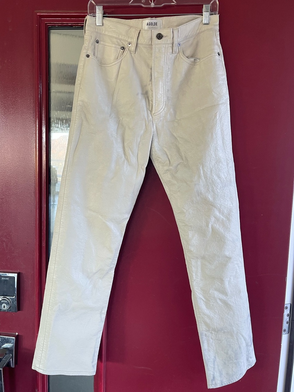 AGOLDE 90's Pinch Waist pants in  a light beige colored recycled leather.